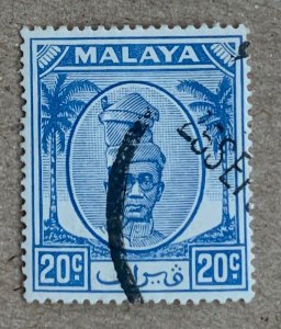 Malaya Perak 1952 20c bright blue Sultan Shah, used. Scott 123, CV $0.30. SG 140