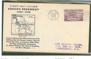 US 783 1936 3c Oregon Territory/100 years (single) on an addressed (stencil) first day cover with an Astoria, OR cachet and a Ka