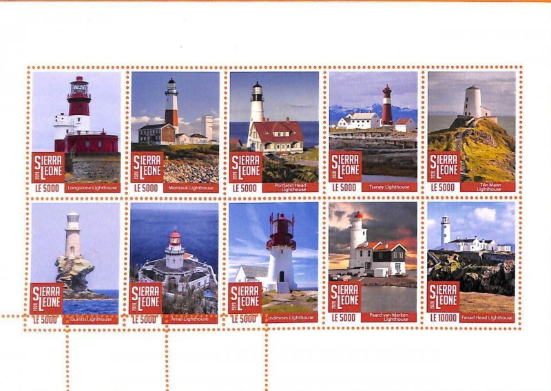 A6995 - SIERRA LEONE, Error, MISPERF MINIATURE SHEET(x10 stamps):Lighthouse