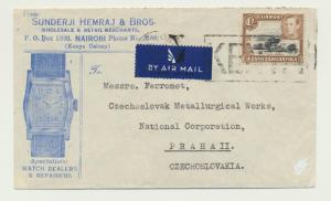 KENYA TO CZECHOSLOVAKIA 1947 WATCH DEALER ADVERT COVER, AIRMAIL 55c(SEE BELOW)