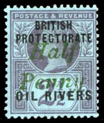 Niger Coast Protectorate #13 Cat$550, 1893 1/2p on 2 1/2p violet, hinged