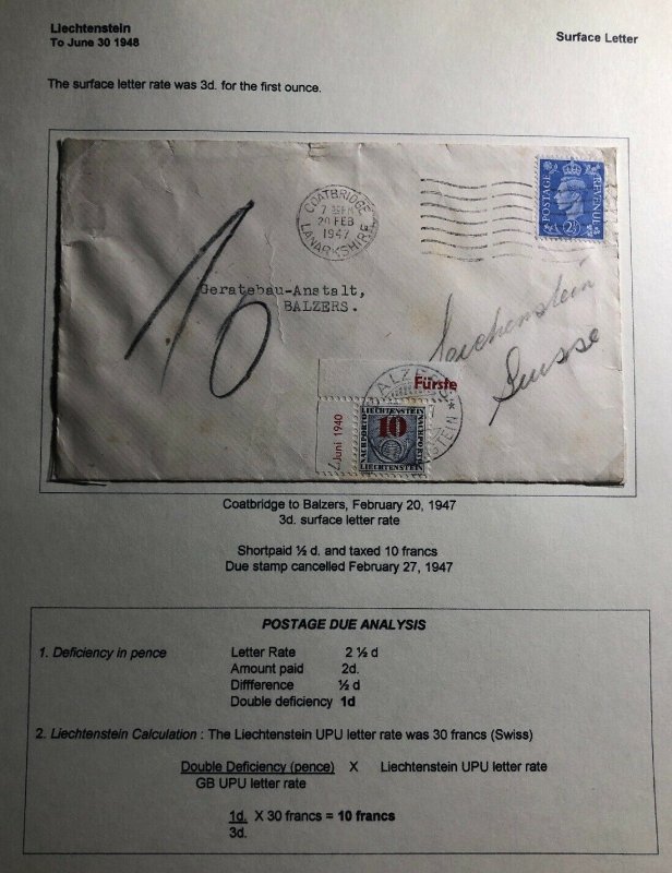 1947 Coatbridge England Postage Due Cover To Balzers Liechtenstein