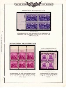 U S 1938-1939 Commemorative Plate Blocks (11) Mint NH  on White Ace Album Pages