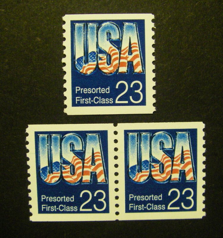 Scott 2607, 23c USA Presorted, Pair & Single, Shiny gum, MNH Coil Beauties