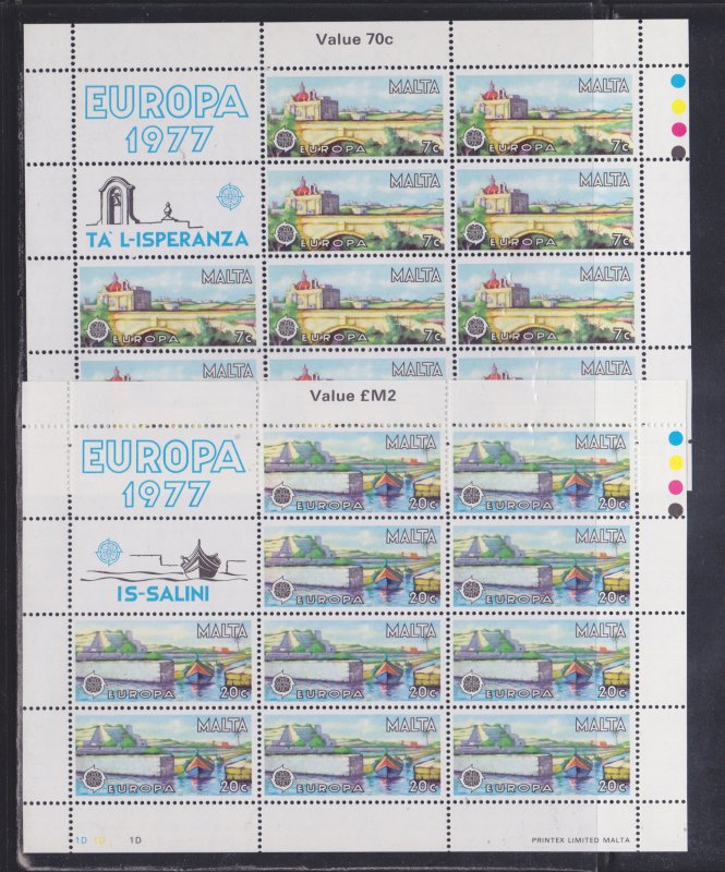 Malta Stamps: 1977 Europa Issue Set/2; #539-540; Full Sheets/10+2 Labels; MNH