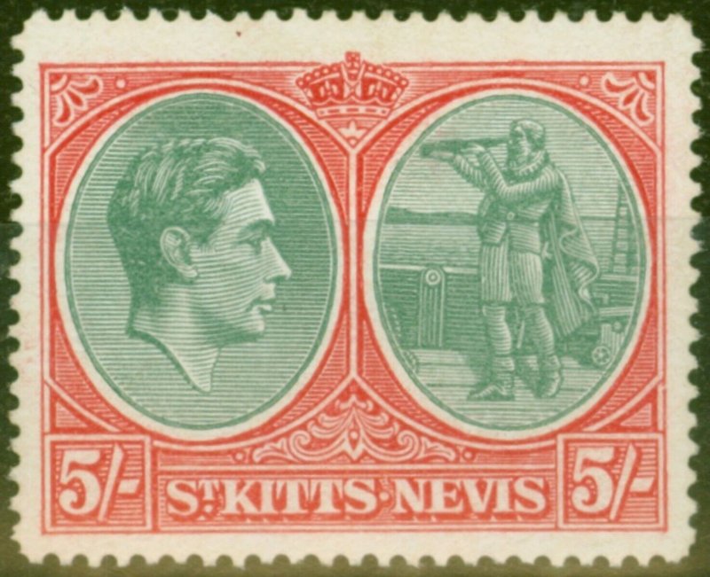 St Kitts 1945 5s Bluish Green & scarlet SG77bcVar Break in Oval Touched in by...