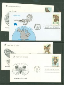 US 1760-63 1978 4 U/A FDCs with artmaster & 1 unknown cachets, complete set of American Owls, birds