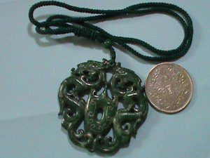 ​CHINA GREEM JADE: HAND CRAFT ON BOTH SIDE PENDANT DOUBLE DRAGON PLAYING PEAL