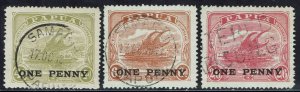 PAPUA 1917 LAKATOI ONE PENNY ON 4D 6D AND 2/6 USED