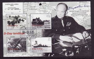 Gibraltar-Sc#979a-used sheet-Maps-WWII-D-Day-Planes-Ships-Eisenhower-2004