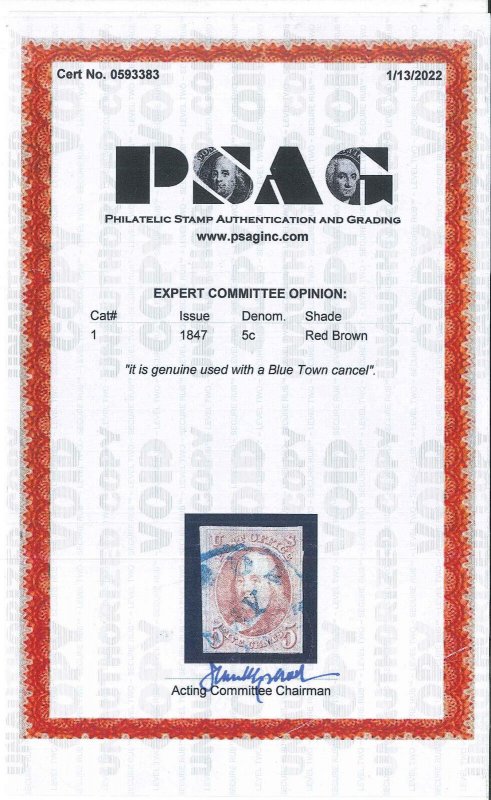 Scott 1 used blue town cancel, Fine-Very Fine PSAG Cert (TJ 8/7) 