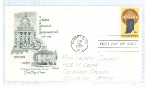 US 1308 1966 Indiana Statehood, addressed. FDC