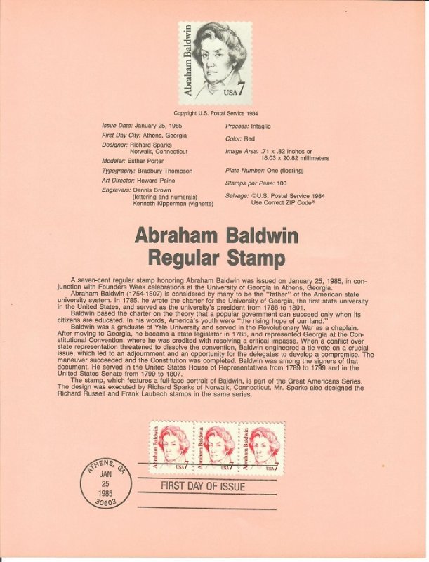 US SP509 Abraham Baldwin Souvenir Page #1850