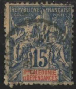 New Caledonia 47 (used, adhesion) 15c navig. & commerce, blue on quad. (1892)