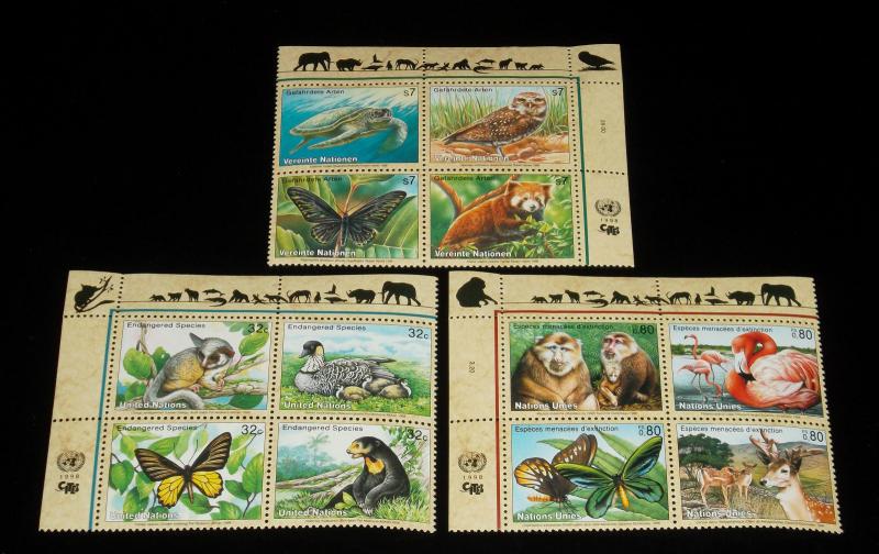 U.N. 1998, ENDANGERED SPECIES, INSC. BLKS/4, ALL 3 OFFICES,MNH NICE! LQQK!