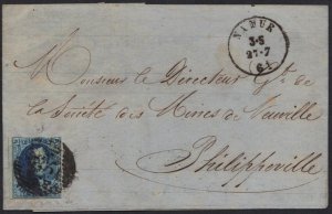 BELGIUM 1860's 2 FOLDED LTR FRANKED 20¢ K LEOPOLD I NAMUR TO PHILIPPEVILE & GAND