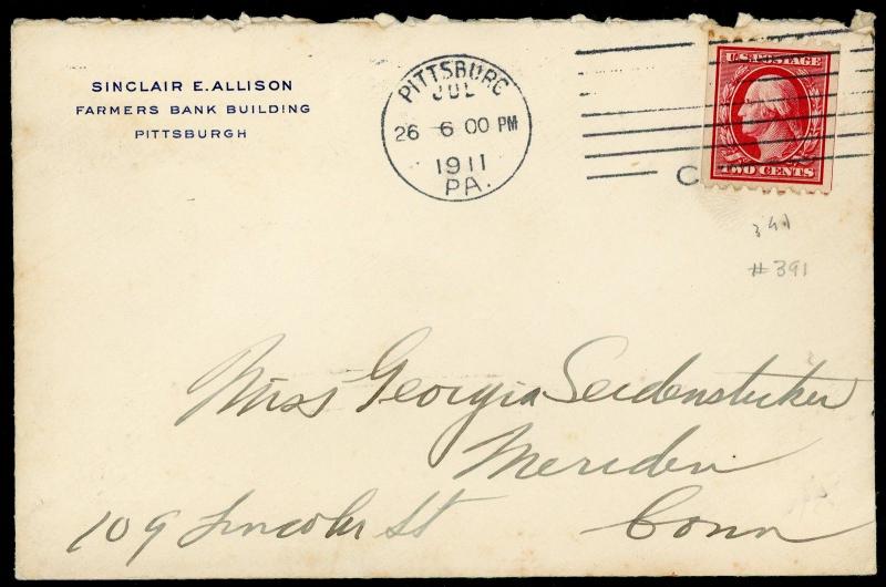 COVER ~ Postal History ~ Pittsburg 1911 Using A  #391  ~ S5049