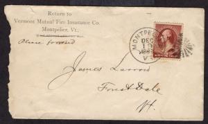 $US 19th Cent Adv Cover, SC#210, Montpelier, VT 12/19/1883 Fire Insurance
