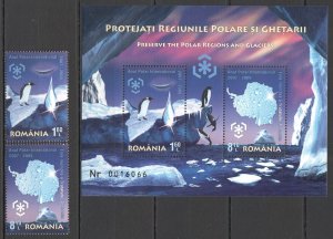 Rm280 2009 Romania Birds Penguins Preserve The Polar Regions #6348-9 Bl+Set Mnh