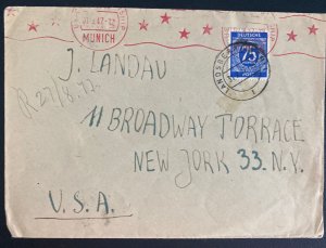 1947 Landsberg Germany Jew Displaced Person DP Camp Cover To New York Usa