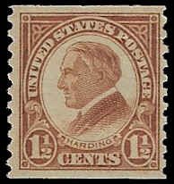 U.S. #598 Unused - HR; 1 1/2c Harding - Perf 10 Vert Coil (1925)