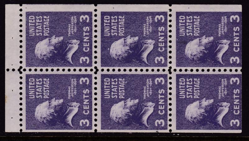 United States 1938 Scott 807a 3c Thomas Jefferson Prexie Booklet Pane X6 VF/NH