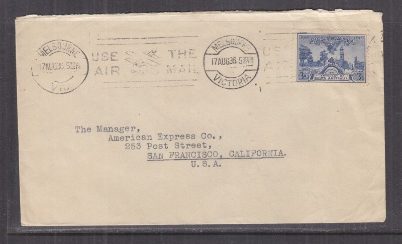 AUSTRALIA,1936 Bank of NSW cover, 3d South Australia Centenary, Melbourne to USA