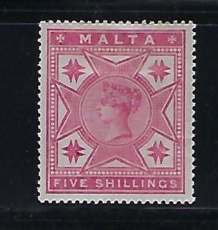 MALTA SCOTT #14 1886 VICTORIA 5 SHILLING (ROSE)- MINT HINGED
