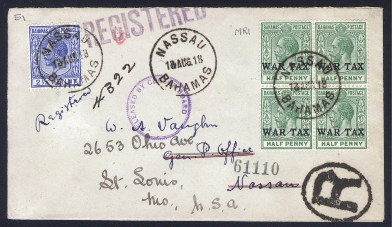Bahamas 1918 1/2d Grn(x4) WAR TAX+2 1/2d Ult COVER Scott MR1 SG91 Cat£705($860)
