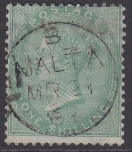 SG 73 1/- pale green. Very fine used with an upright Malta CDS, March 21st 1862