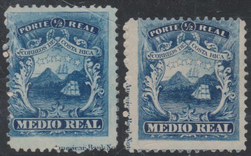 COSTA RICA 1863 COAT OF ARMS Sc 1 TWO SINGLES WITH PART OF ABNCO IMPRINTS UNUSED