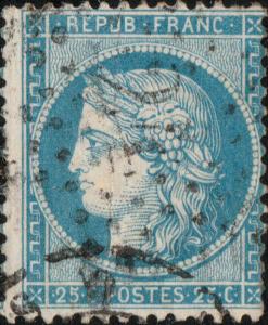 FRANCE - Yv.60A 25c bleu (type I) obl étoile de Paris n°24 (rue de Cléry) - pli