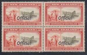 NEW ZEALAND 1940 Centenary 9d OFFICIAL MNH block of 4.......................V427