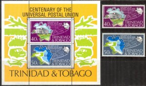 Trinidad & Tobago 1974 100 Years UPU Universal Postal Union set of 2 + S/S MNH