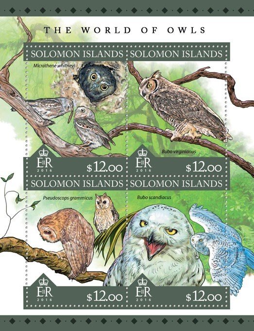 SOLOMON IS. - 2016 - The World of Owls - Perf 4v Sheet - Mint Never Hinged