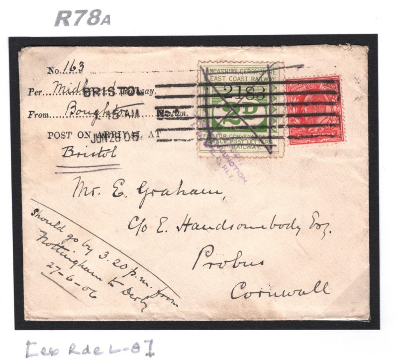 GB Notts LDECR RAILWAY 2d Letter Stamp BOUGHTON JUNCTION STATION 1906 Cover R78a 