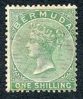 Bermuda SG8 1/- Green Wmk CC Perf 14 M/M (tone patch) Cat 350 pounds 