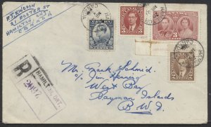 1939 Registered Cover Hamilton ONT to Cayman Islands via Montreal NY Jamaica