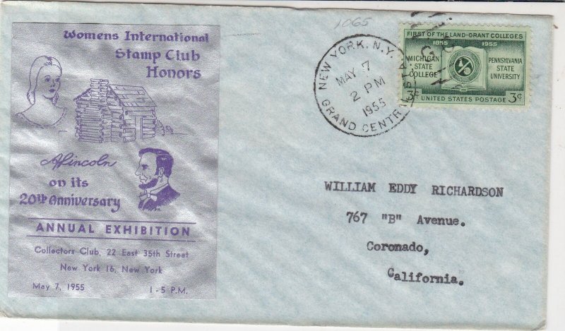 U.S. 1955 Womens Int. Stamp Club 20th Ann Exh Illustd Uni Stamp Cover Ref 34482