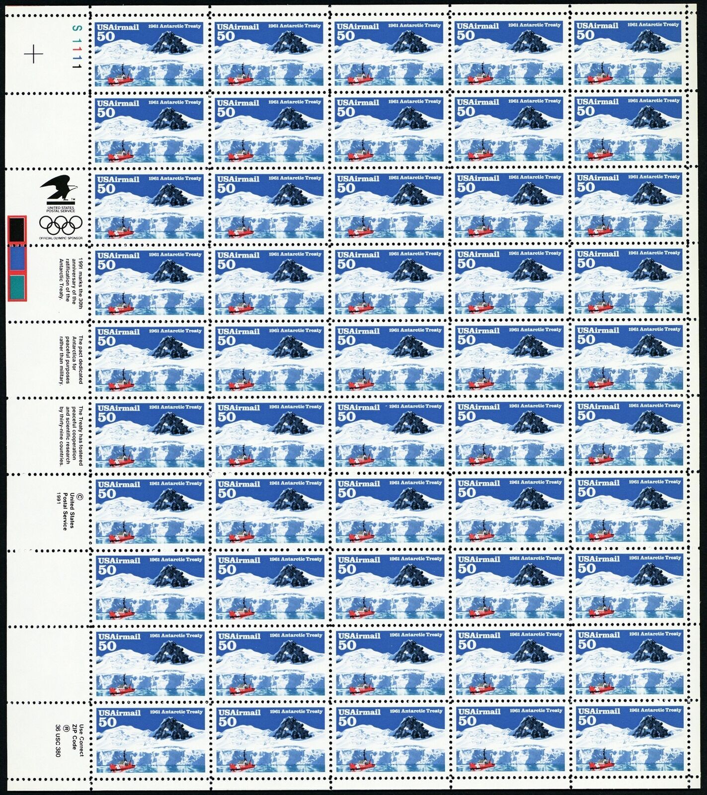 Antarctic Treaty Full Sheet of Fifty 50 Cent Airmail Postage Stamps ...
