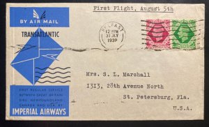 1939 Belfast N Ireland  First Transatlantic Flight Cover To St Petersburg FL USA