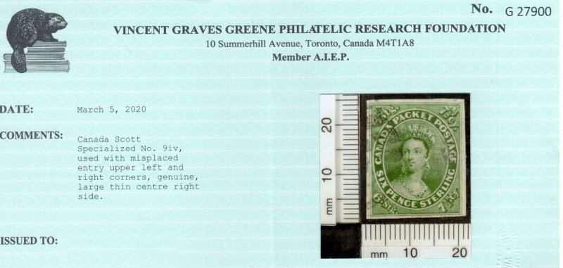 Canada #9iv Very Fine Used Triangle Flaw Thin At G Of Postage *With Certificate*
