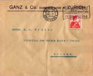 Switzerland 10c Helvetia 1914 Zurich 1, Briefvers, Schweizerische Landesausst...