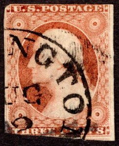 1851, US 3c, Washington, Used, Sc 10