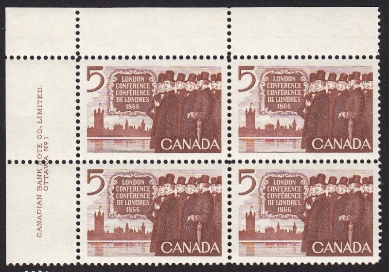 HISTORY = LONDON CONFERENCE = Canada 1966 #448 MNH UL BLOCK of 4 PLATE 1