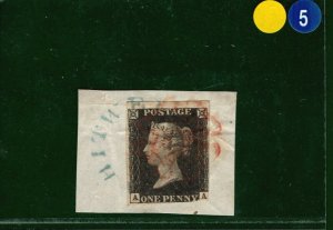 GB PENNY BLACK (AA) BRIGHT BLUE Undated *WHITWELL* Cancel 1840 Piece RARE YBLUE5 