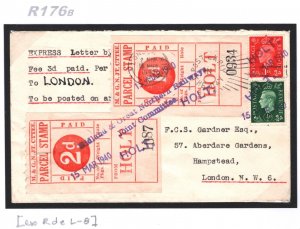 GB M&GNJR RAILWAY Parcel Stamp Express Letter 1940 WW2 Cover HOLT Norfolk R176b 