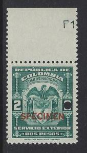 COLOMBIA 1940 2peso FOREIGN SERVICE REVENUE Overprinted SPECIMEN MNH