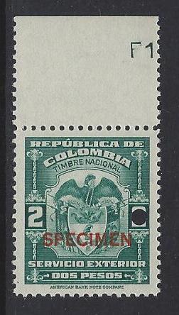 COLOMBIA 1940 2peso FOREIGN SERVICE REVENUE Overprinted SPECIMEN MNH