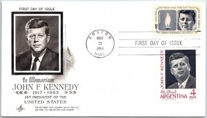 US FIRST DAY COVER 1246 KENNEDY MEMORIAL IN COMBO WITH ARGENTINA JFK STAMP 1964